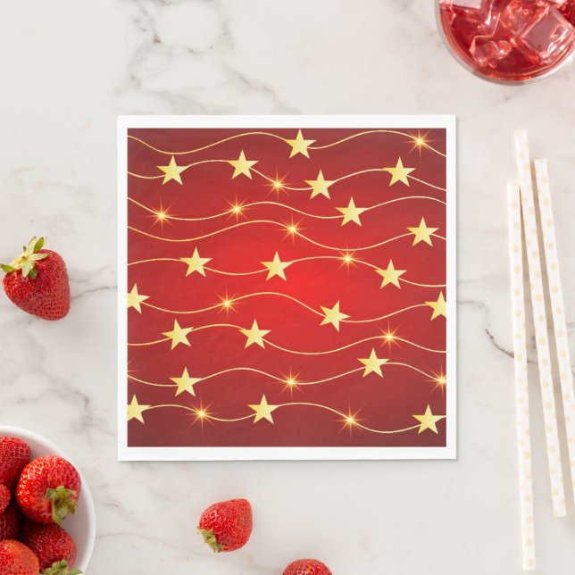 Red and Guld StarsPaper Napkins, Standard Luncheon Pappersservett (Insitu)