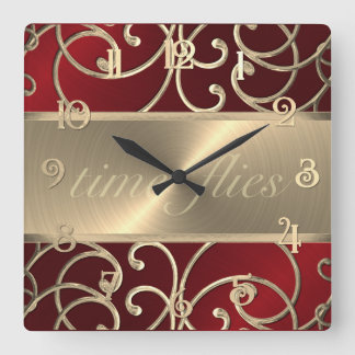 Red and Guld Time Flies Clock Fyrkantig Klocka