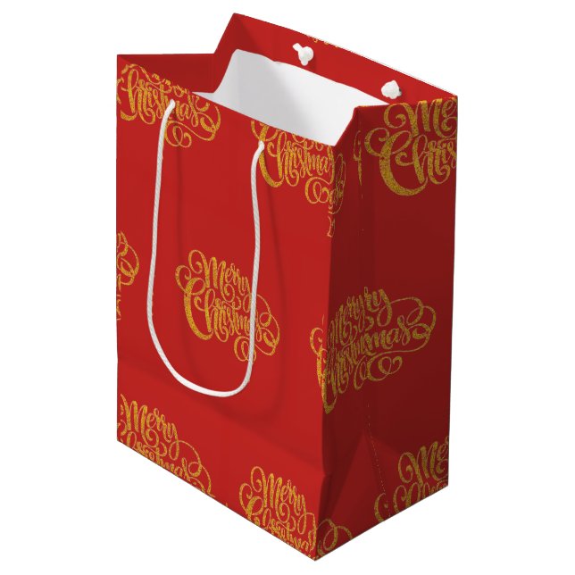 Red and Guld Typography jul Medium Gift Bag (Framsidan Vinklad)