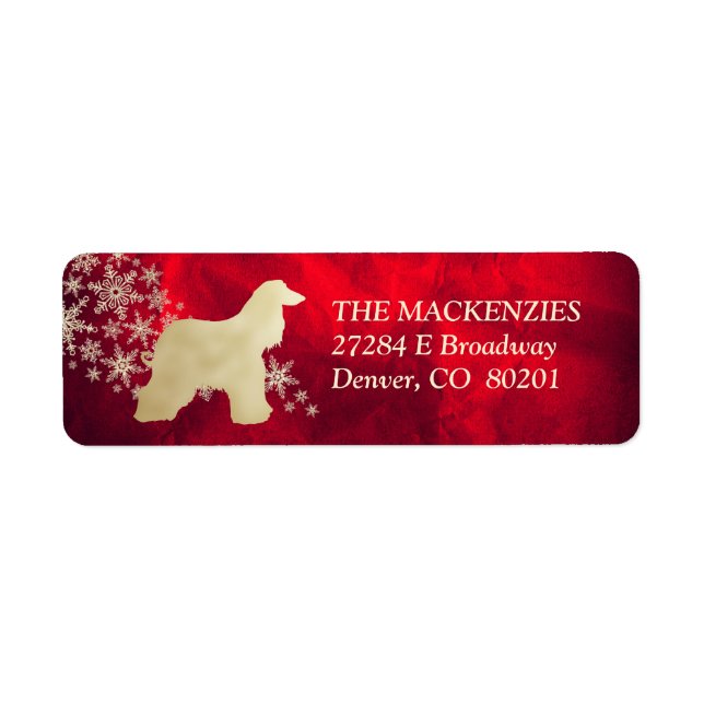 Red and Guld Winter Afghan Hound Returadress Etikett (Framsidan)