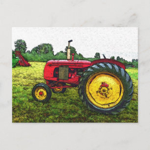 Red and Gult Farm Tractor Vykort