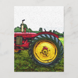 Red and Gult Farm Tractor Vykort