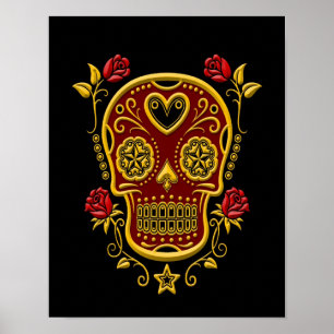 Red and Gult Sugar Skull med Ro på Black Poster