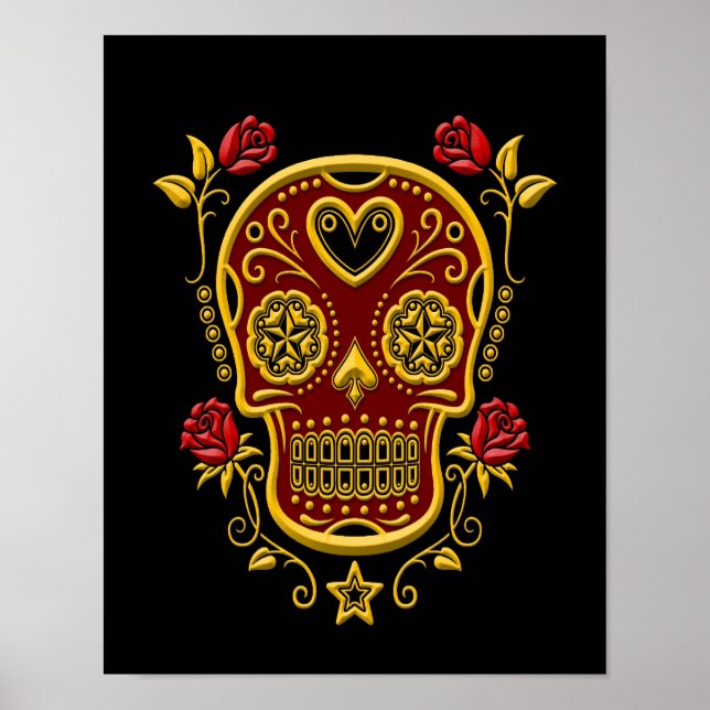 Red and Gult Sugar Skull med Ro på Black Poster (Framsidan)