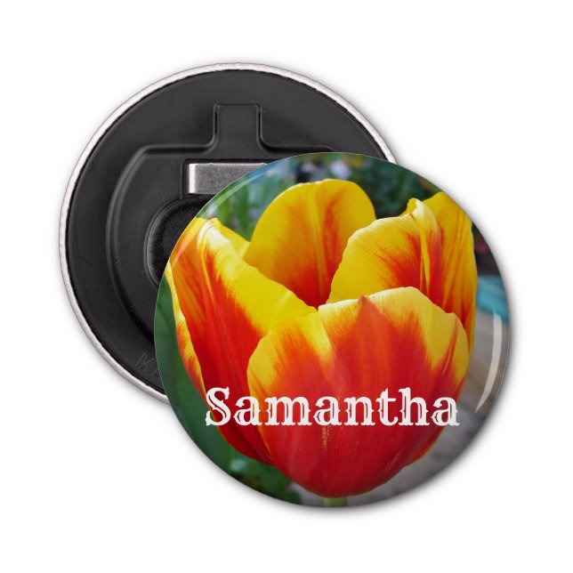 Red and Gult Tulip blommigt Garden Photo Nyckelrin Flasköppnare (Framsidan)