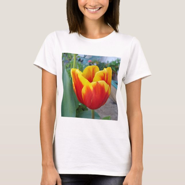 Red and Gult Tulip blommigt Garden Photo T Shirt (Framsida)