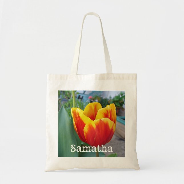 Red and Gult Tulip blommigt Garden Photo Tote Bag Tygkasse (Framsidan)