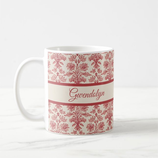 Red and Ivory Floral Toille Pattern with Name Kaffemugg (Vänster)