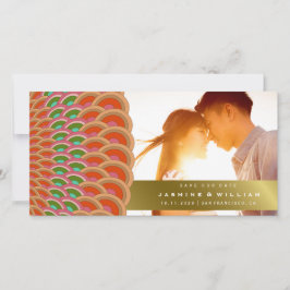 Red and Jade Art Deco Vintage Scallop Mönster Fläk Spara Datumet