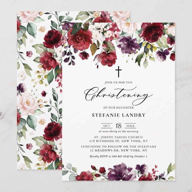 Red and Lila Watercolor Flowers Christening Inbjudningar (Fram/baksida)