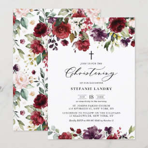 Red and Lila Watercolor Flowers Christening Inbjudningar