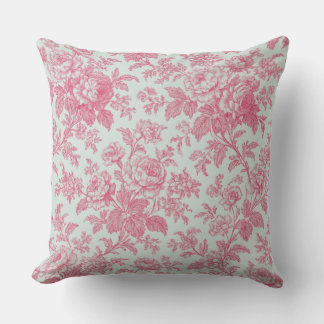 Red and Mint Green Floral Toile de Jouy Kudde