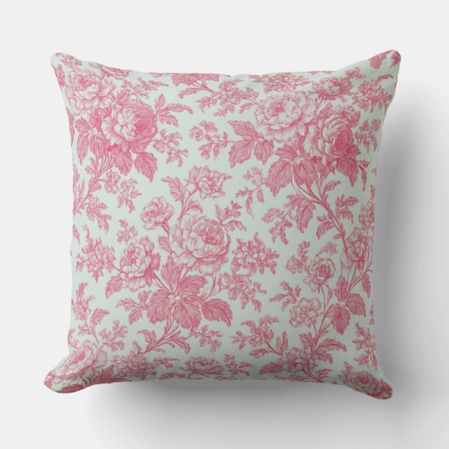 Red and Mint Green Floral Toile de Jouy Kudde (Framsida)