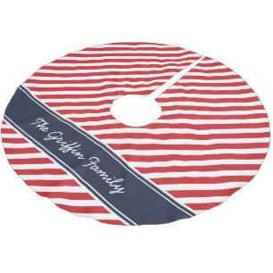 Red and Navy Preppy Rand Monogram Julgransmatta Borstad Polyester