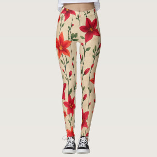 Red and Orange Lily Blommönster Leggings