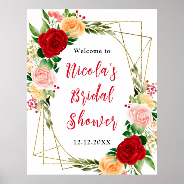 Red and Orange Roses Bridal Shower Welcome Poster (Framsidan)