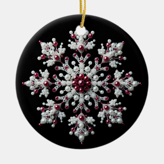Red and Pearl Snowflake Family Julgransprydnad Keramik (Framsidan)