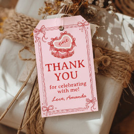 Red and Pink Bow Cake Birthday Party Thank You Presentetikett