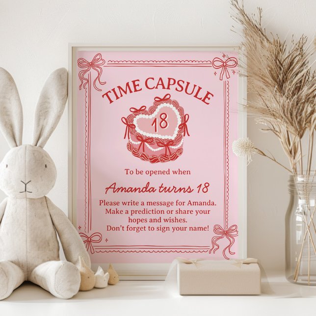 Red and Pink Bow Cake Birthday Time Capsule Sign Poster (Skapare uppladdad)