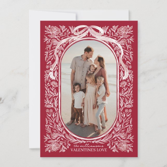 Red and Pink Floral & Bow Valentine Photo Card Inbjudningar (Framsida)