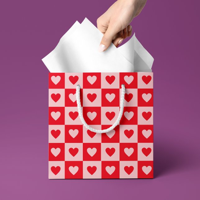 Red and Pink Hearts Checkerboard Valentine's Day (blush pink and bright red contrasting heart checkerboard patterned gift bag)