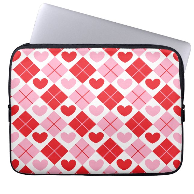 Red and Rosa Argyle Heart Mönster Laptop Sleeve (Framsidan)