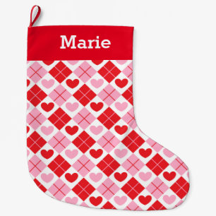 Red and Rosa Argyle Heart Mönster Stor Julstrumpa