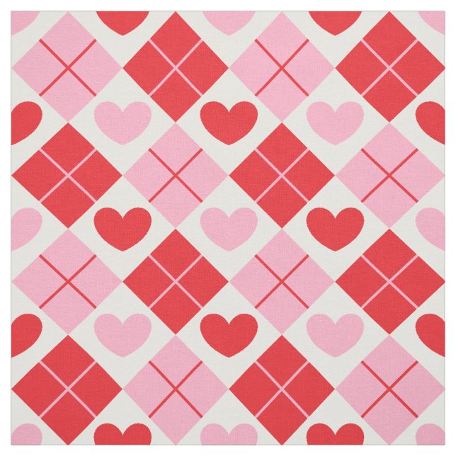 Red and Rosa Argyle Heart Mönster Tyg (Provkarta)