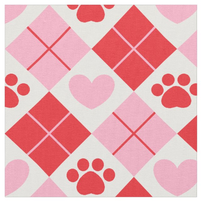 Red and Rosa Argyle Paw Print & Heart Mönster Tyg (Närbild)