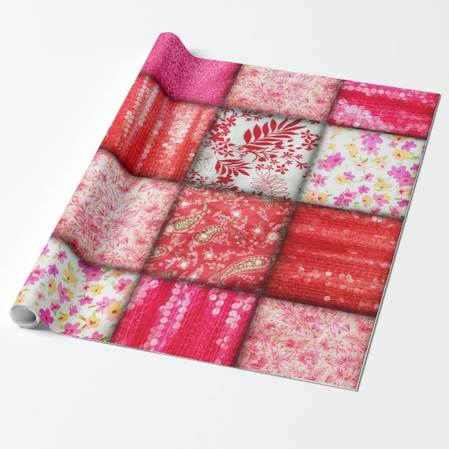 Red and Rosa Faux Patchwork Quilting Presentpapper (Utrullad)