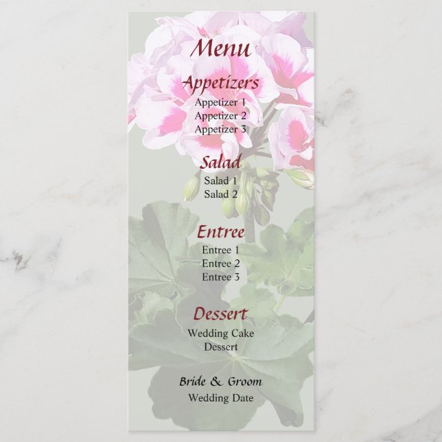 Red and Rosa Geranium Bröllop Menu Meny (Framsida)