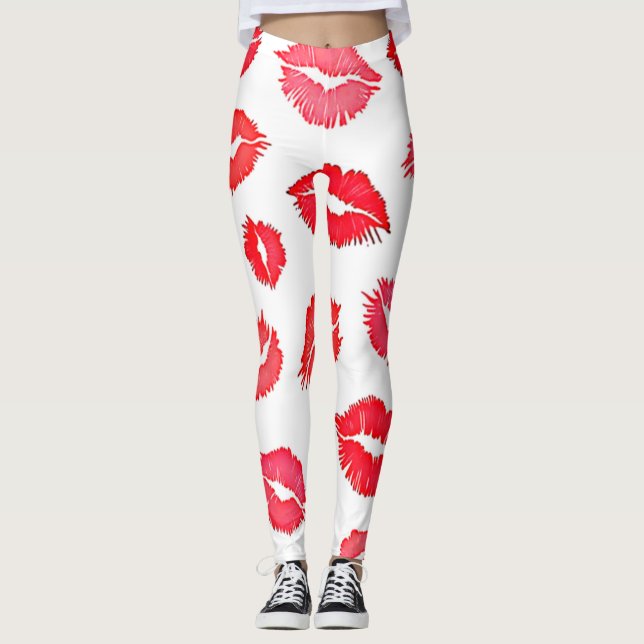 Red and Rosa Lip Mönster Art Leggings (Framsida)