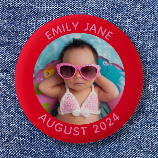 Red and Rosa Personlig Round Family Photo Knapp (Red and Pink Personalized Round Family Photo Button)