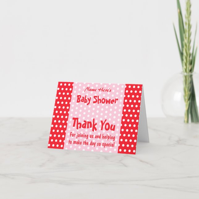 Red and Rosa Polka Dot, Anpassningsbar Baby Shower Tack Kort (Framsida)