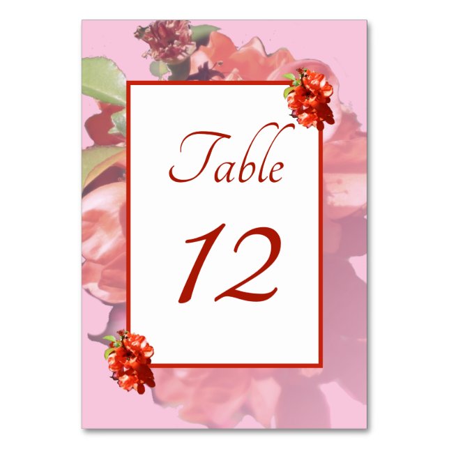 Red and Rosa Quince Flowery Bröllop Bordsnummer (Framsidan)