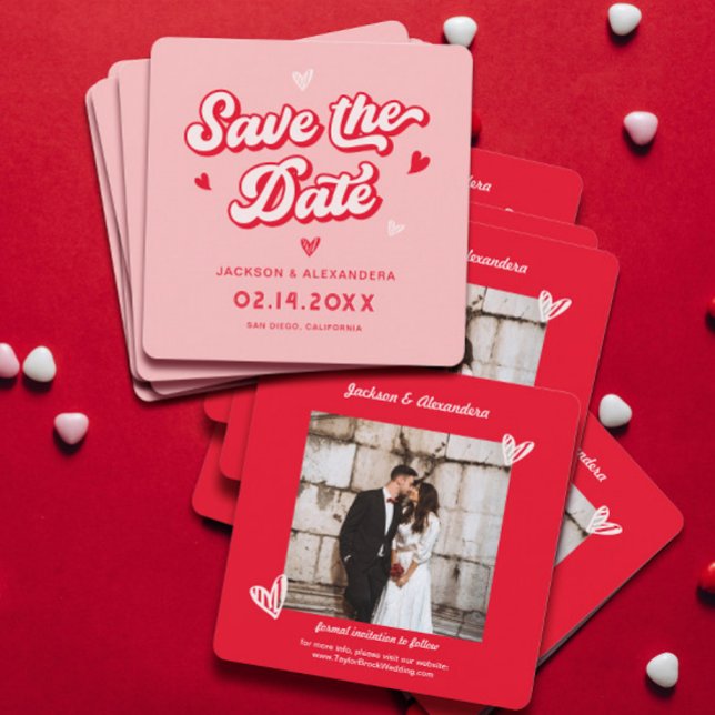 Red and Rosa Valentines Bröllop Photo Spara Datumet (Skapare uppladdad)