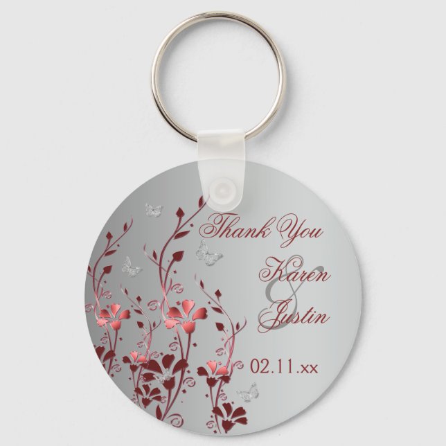 Red and Silver Blommigt with Butterflies Keychain Nyckelring (Framsida)