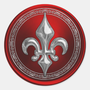 Red and Silver Fleur de Lis EnKue Seal Runt Klistermärke