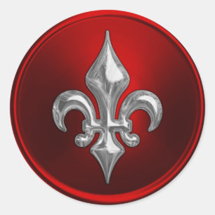 Red and Silver Fleur de Lis EnKue Seal Runt Klistermärke