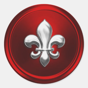 Red and Silver Fleur de Lis EnKue Seal Runt Klistermärke