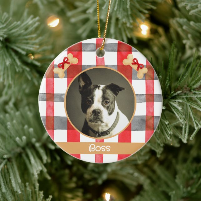 Red and Silver Grey Plaid Round Pet Ornament (Träd)