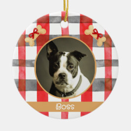 Red and Silver Grey Plaid Round Pet Ornament