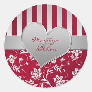 Red and Silver Heart 1,5-tums Round Bröllop Sticke Runt Klistermärke