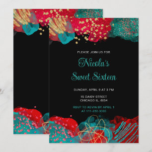 Red and Teal Blue Alcohol Bläck Sweet sixteen Inbjudningar