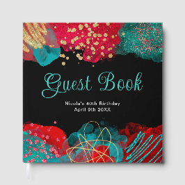 Red and Teal Blue Alcohol Ink Birthday Guest Book Gästböcker
