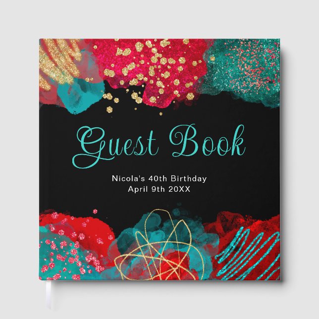 Red and Teal Blue Alcohol Ink Birthday Guest Book Gästböcker (Framsida)