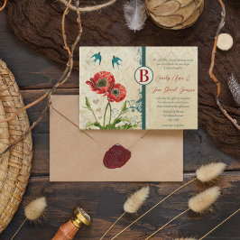 Red and Teal Blue Love birds Damask Poppy Bröllop Inbjudningar