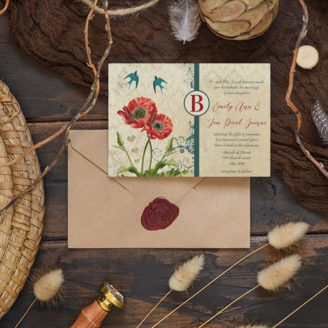 Red and Teal Blue Love birds Damask Poppy Bröllop Inbjudningar (Skapare uppladdad)
