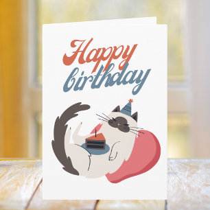 Red and Teal Cat Birthday Kort