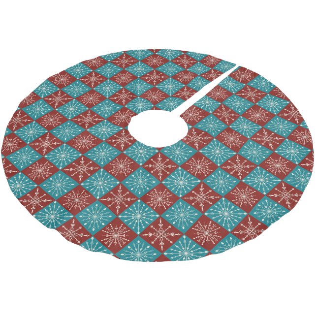 Red and Teal Checkered Snowflake Christmas Julgransmatta Borstad Polyester (Vinklad)
